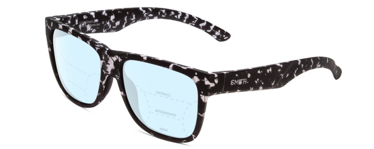 Profile View of Smith Optics Lowdown 2 Designer Progressive Lens Blue Light Blocking Eyeglasses in Matte Black Marble Tortoise Unisex Classic Full Rim Acetate 55 mm with Blue Light Zone functionality illustration laid over the lens