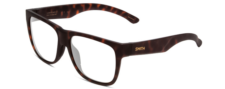 Profile View of Smith Optics Lowdown 2 Designer Reading Eye Glasses with Custom Cut Powered Lenses in Matte Tortoise Havana Brown Gold Unisex Classic Full Rim Acetate 55 mm