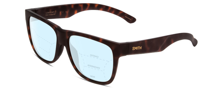 Profile View of Smith Optics Lowdown 2 Designer Progressive Lens Blue Light Blocking Eyeglasses in Matte Tortoise Havana Brown Gold Unisex Classic Full Rim Acetate 55 mm with Blue Light Zone functionality illustration laid over the lens