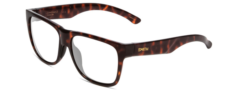 Profile View of Smith Optics Lowdown 2 Designer Reading Eye Glasses with Custom Cut Powered Lenses in Tortoise Havana Gold Unisex Classic Full Rim Acetate 55 mm