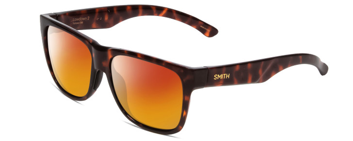 Profile View of Smith Optics Lowdown 2 Designer Polarized Sunglasses with Custom Cut Red Mirror Lenses in Tortoise Havana Gold Unisex Classic Full Rim Acetate 55 mm