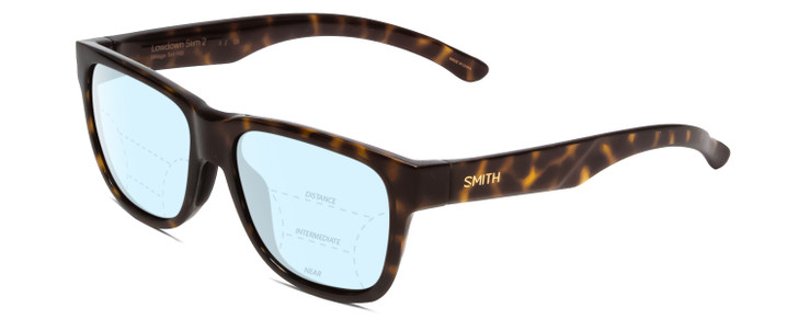 Profile View of Smith Optics Lowdown Slim 2 Designer Progressive Lens Blue Light Blocking Eyeglasses in Vintage Tortoise Havana Brown Gold Unisex Classic Full Rim Acetate 53 mm with Blue Light Zone functionality illustration laid over the lens