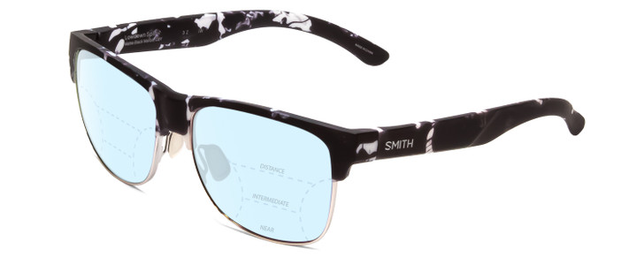 Profile View of Smith Optics Lowdown Split Designer Progressive Lens Blue Light Blocking Eyeglasses in Matte Black Marble Tortoise Unisex Classic Semi-Rimless Acetate 56 mm with Blue Light Zone functionality illustration laid over the lens