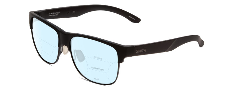 Profile View of Smith Optics Lowdown Split Designer Progressive Lens Blue Light Blocking Eyeglasses in Matte Black Unisex Classic Semi-Rimless Acetate 56 mm with Blue Light Zone functionality illustration laid over the lens