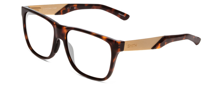 Profile View of Smith Optics Lowdown Steel Designer Single Vision Prescription Rx Eyeglasses in Dark Tortoise Havana Gold Unisex Classic Full Rim Acetate 56 mm