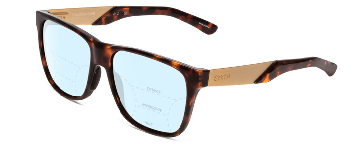 Profile View of Smith Optics Lowdown Steel Designer Progressive Lens Blue Light Blocking Eyeglasses in Dark Tortoise Havana Gold Unisex Classic Full Rim Acetate 56 mm with Blue Light Zone functionality illustration laid over the lens