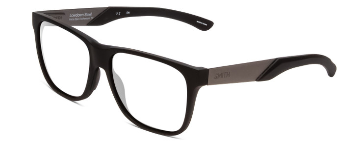 Profile View of Smith Optics Lowdown Steel Designer Reading Eye Glasses in Matte Black Ruthenium Silver Unisex Classic Full Rim Acetate 56 mm