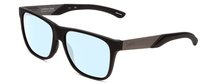 Profile View of Smith Optics Lowdown Steel Designer Blue Light Blocking Eyeglasses in Matte Black Ruthenium Silver Unisex Classic Full Rim Acetate 56 mm