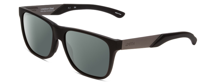 Profile View of Smith Optics Lowdown Steel Designer Polarized Sunglasses with Custom Cut Smoke Grey Lenses in Matte Black Ruthenium Silver Unisex Classic Full Rim Acetate 56 mm