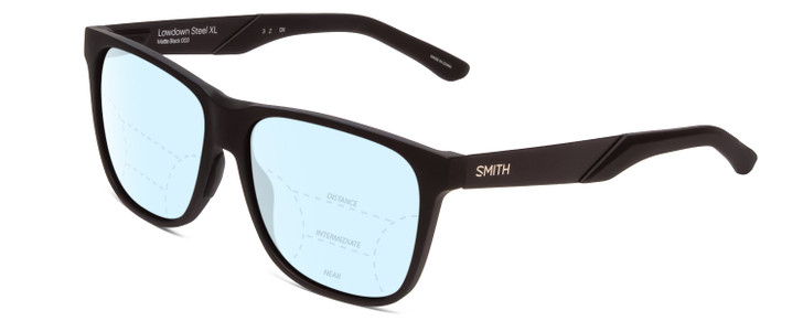 Profile View of Smith Optics Lowdown Steel XL Designer Progressive Lens Blue Light Blocking Eyeglasses in Matte Black Unisex Classic Full Rim Acetate 59 mm with Blue Light Zone functionality illustration laid over the lens