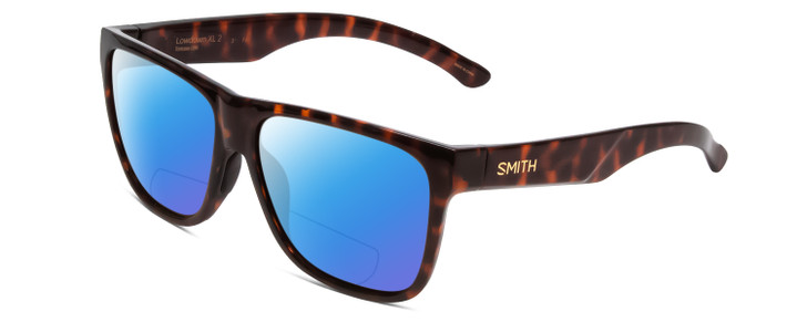 Profile View of Smith Optics Lowdown Xl 2 Designer Polarized Reading Sunglasses with Custom Cut Powered Blue Mirror Lenses in Tortoise Havana Gold Unisex Classic Full Rim Acetate 60 mm