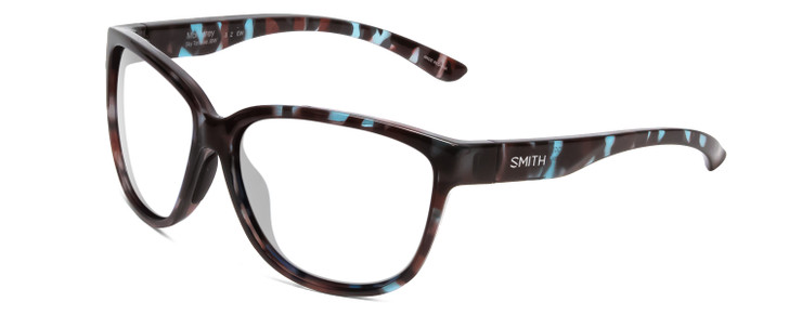 Profile View of Smith Optics Monterey Designer Reading Eye Glasses with Custom Cut Powered Lenses in Sky Tortoise Havana Marble Brown Ladies Cateye Full Rim Acetate 58 mm