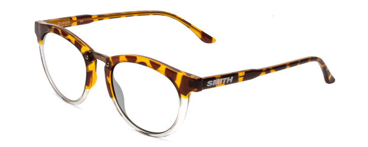 Profile View of Smith Optics Questa Designer Reading Eye Glasses with Custom Cut Powered Lenses in Amber Brown Tortoise Ladies Round Full Rim Acetate 50 mm