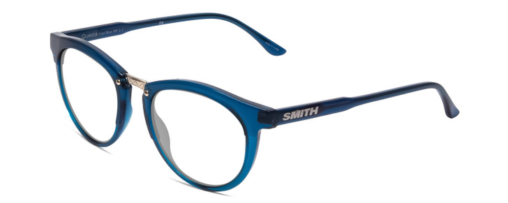 Profile View of Smith Optics Questa Designer Single Vision Prescription Rx Eyeglasses in Cool Blue Crystal Ladies Round Full Rim Acetate 50 mm