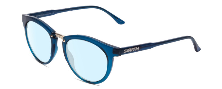 Profile View of Smith Optics Questa Designer Blue Light Blocking Eyeglasses in Cool Blue Crystal Ladies Round Full Rim Acetate 50 mm