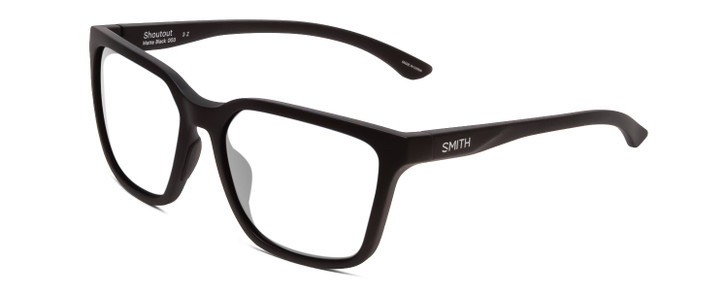 Profile View of Smith Optics Shoutout Designer Reading Eye Glasses in Matte Black Unisex Retro Full Rim Acetate 57 mm