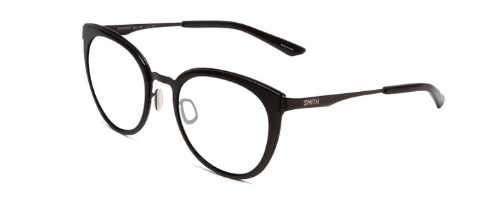 Profile View of Smith Optics Somerset Designer Reading Eye Glasses in Gloss Black Ladies Cateye Full Rim Stainless Steel 53 mm