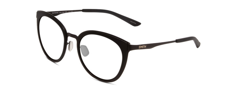 Profile View of Smith Optics Somerset Designer Reading Eye Glasses with Custom Cut Powered Lenses in Matte Black Ladies Cateye Full Rim Stainless Steel 53 mm