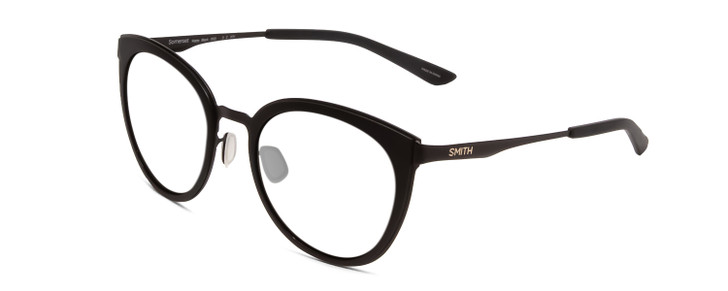 Profile View of Smith Optics Somerset Designer Bi-Focal Prescription Rx Eyeglasses in Matte Black Ladies Cateye Full Rim Stainless Steel 53 mm