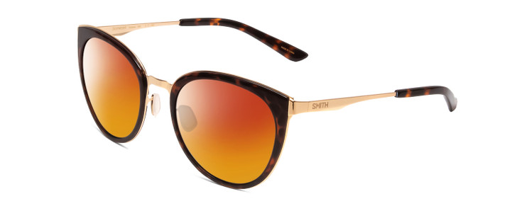 Profile View of Smith Optics Somerset Designer Polarized Sunglasses with Custom Cut Red Mirror Lenses in Tortoise Havana Gold Ladies Cateye Full Rim Stainless Steel 53 mm