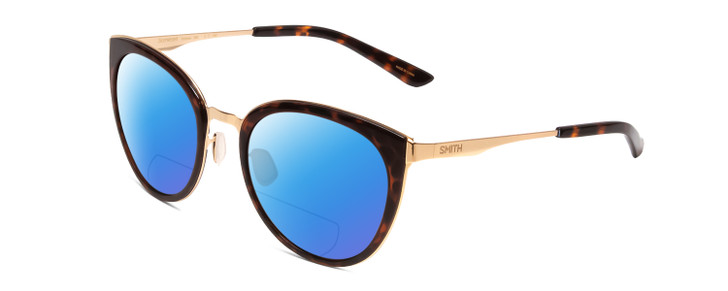 Profile View of Smith Optics Somerset Designer Polarized Reading Sunglasses with Custom Cut Powered Blue Mirror Lenses in Tortoise Havana Gold Ladies Cateye Full Rim Stainless Steel 53 mm