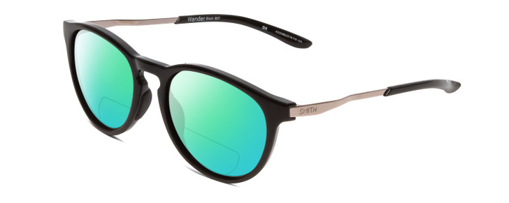Profile View of Smith Optics Wander Designer Polarized Reading Sunglasses with Custom Cut Powered Green Mirror Lenses in Gloss Black Unisex Round Full Rim Acetate 55 mm