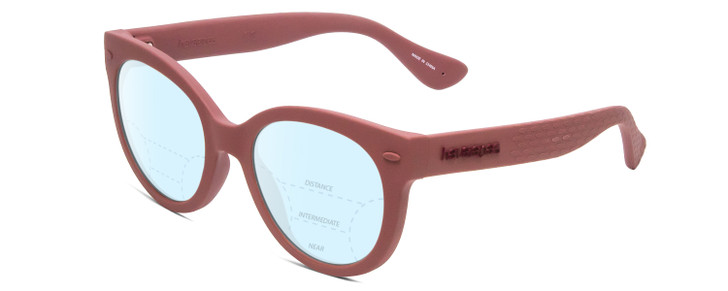 Profile View of Havaianas NORONHA/S Designer Progressive Lens Blue Light Blocking Eyeglasses in Matte Lavender Purple Ladies Cateye Full Rim Acetate 47 mm with Progressive Blue Light Lens Functionality illustration laid over the lens