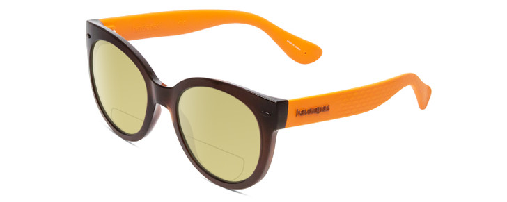 Profile View of Havaianas NORONHA/M Designer Polarized Reading Sunglasses with Custom Cut Powered Sun Flower Yellow Lenses in Crystal Brown Ochre Orange Ladies Cateye Full Rim Acetate 52 mm