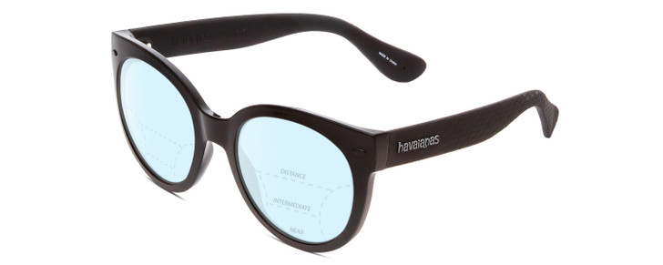 Profile View of Havaianas NORONHA/M Designer Progressive Lens Blue Light Blocking Eyeglasses in Gloss Black Ladies Cateye Full Rim Acetate 52 mm with Progressive Blue Light Lens Functionality illustration laid over the lens