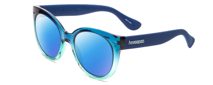 Profile View of Havaianas NORONHA/M Designer Polarized Sunglasses with Custom Cut Blue Mirror Lenses in Crystal Ocean Teal Fade Ladies Cateye Full Rim Acetate 52 mm