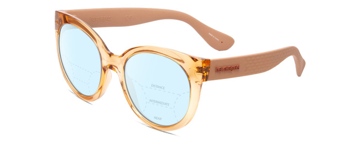 Profile View of Havaianas NORONHA/M Designer Progressive Lens Blue Light Blocking Eyeglasses in Salmon Crystal Peach Ladies Cateye Full Rim Acetate 52 mm with Progressive Blue Light Lens Functionality illustration laid over the lens