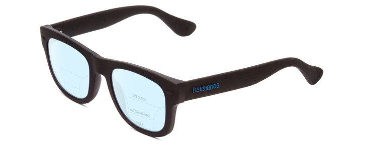 Profile View of Havaianas PARATY/M Designer Progressive Lens Blue Light Blocking Eyeglasses in Matte Black Unisex Classic Full Rim Acetate 50 mm with Progressive Blue Light Lens Functionality illustration laid over the lens