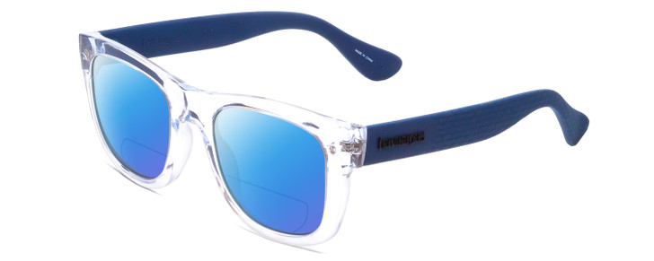 Profile View of Havaianas PARATY/L Designer Polarized Reading Sunglasses with Custom Cut Powered Blue Mirror Lenses in Crystal Clear Blue Unisex Classic Full Rim Acetate 52 mm