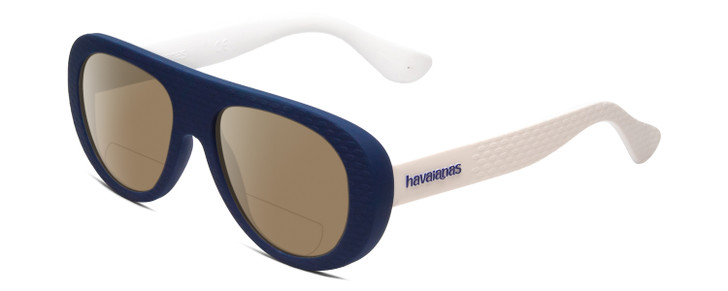 Profile View of Havaianas RIO/M Designer Polarized Reading Sunglasses with Custom Cut Powered Amber Brown Lenses in Matte Blue White Unisex Retro Full Rim Acetate 54 mm