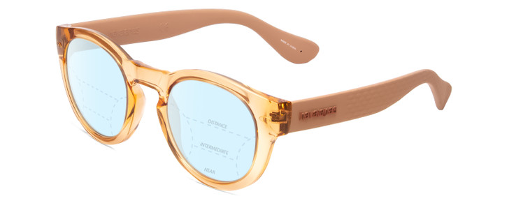 Profile View of Havaianas TRANCOSO/M Designer Progressive Lens Blue Light Blocking Eyeglasses in Salmon Crystal Peach Unisex Round Full Rim Acetate 49 mm with Progressive Blue Light Lens Functionality illustration laid over the lens