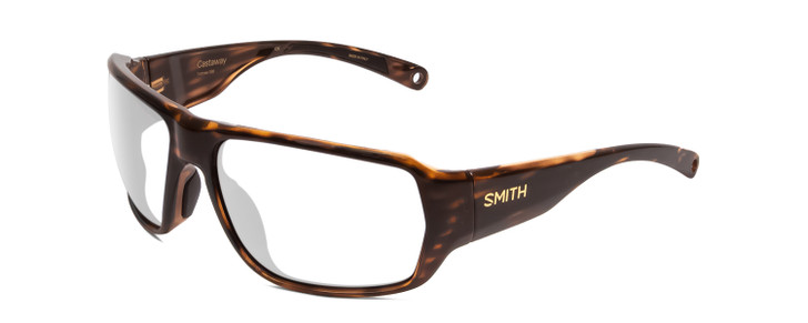 Profile View of Smith Optics Castaway Designer Reading Eye Glasses with Custom Cut Powered Lenses in Tortoise Havana Brown Gold Unisex Wrap Full Rim Acetate 63 mm