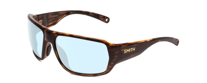 Profile View of Smith Optics Castaway Designer Blue Light Blocking Eyeglasses in Tortoise Havana Brown Gold Unisex Wrap Full Rim Acetate 63 mm