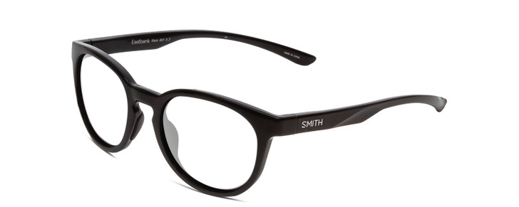 Profile View of Smith Optics Eastbank Designer Reading Eye Glasses with Custom Cut Powered Lenses in Gloss Black Unisex Round Full Rim Acetate 52 mm