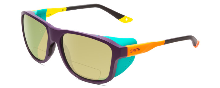 Profile View of Smith Optics Embark Designer Polarized Reading Sunglasses with Custom Cut Powered Sun Flower Yellow Lenses in Purple Cinder Brown Orange Hi Viz Unisex Wrap Full Rim Acetate 58 mm