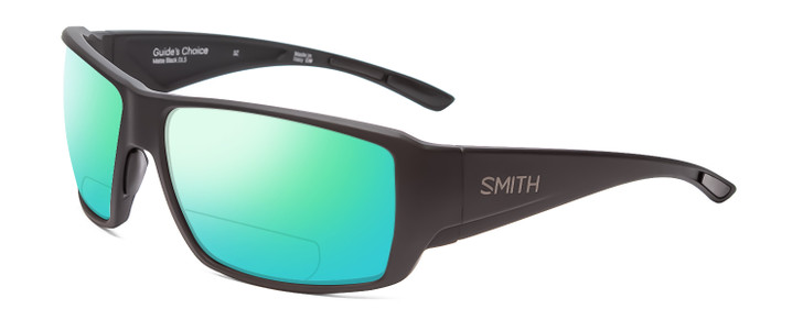 Profile View of Smith Optics Guides Choice Designer Polarized Reading Sunglasses with Custom Cut Powered Green Mirror Lenses in Matte Black  Unisex Rectangle Full Rim Acetate 62 mm