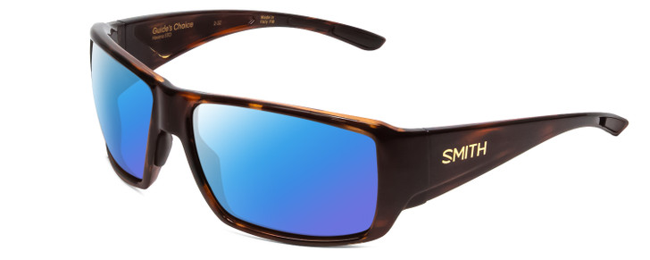 Profile View of Smith Optics Guides Choice Designer Polarized Sunglasses with Custom Cut Blue Mirror Lenses in Tortoise Havana Brown Gold Unisex Rectangle Full Rim Acetate 62 mm