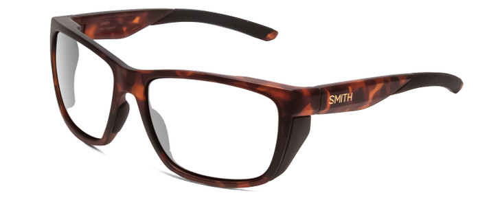 Profile View of Smith Optics Longfin Designer Reading Eye Glasses with Custom Cut Powered Lenses in Matte Tortoise Havana Gold Unisex Wrap Full Rim Acetate 59 mm