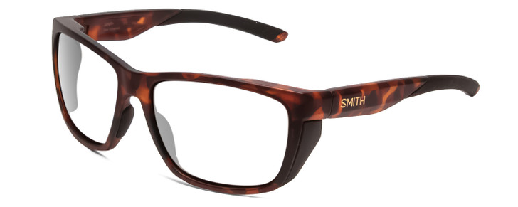 Profile View of Smith Optics Longfin Designer Single Vision Prescription Rx Eyeglasses in Matte Tortoise Havana Gold Unisex Wrap Full Rim Acetate 59 mm