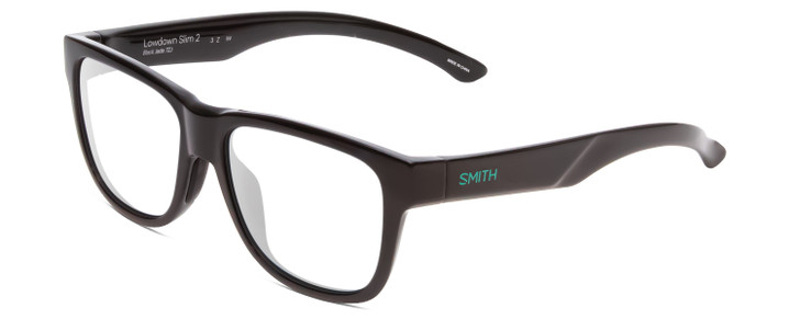 Profile View of Smith Optics Lowdown Slim 2 Designer Reading Eye Glasses with Custom Cut Powered Lenses in Gloss Black Jade Green Unisex Classic Full Rim Acetate 53 mm
