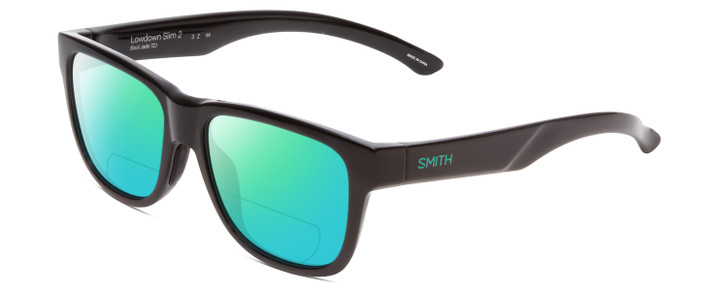 Profile View of Smith Optics Lowdown Slim 2 Designer Polarized Reading Sunglasses with Custom Cut Powered Green Mirror Lenses in Gloss Black Jade Green Unisex Classic Full Rim Acetate 53 mm