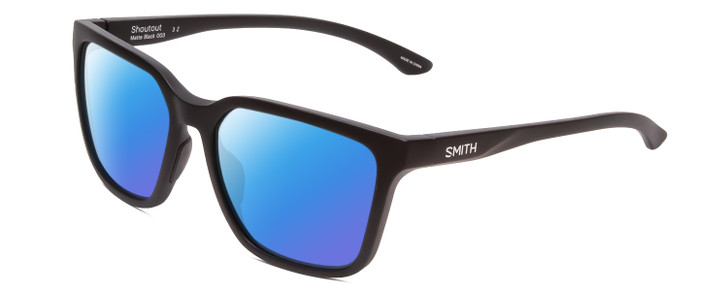 Profile View of Smith Optics Shoutout Designer Polarized Sunglasses with Custom Cut Blue Mirror Lenses in Matte Black Unisex Retro Full Rim Acetate 57 mm