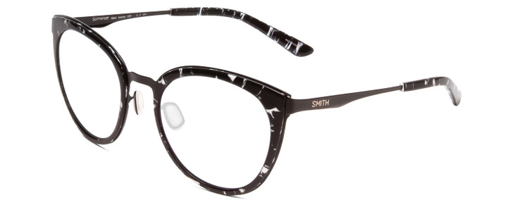 Profile View of Smith Optics Somerset Designer Reading Eye Glasses in Black Marble Tortoise Ladies Cateye Full Rim Stainless Steel 53 mm