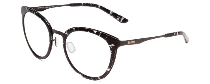 Profile View of Smith Optics Somerset Designer Bi-Focal Prescription Rx Eyeglasses in Black Marble Tortoise Ladies Cateye Full Rim Stainless Steel 53 mm