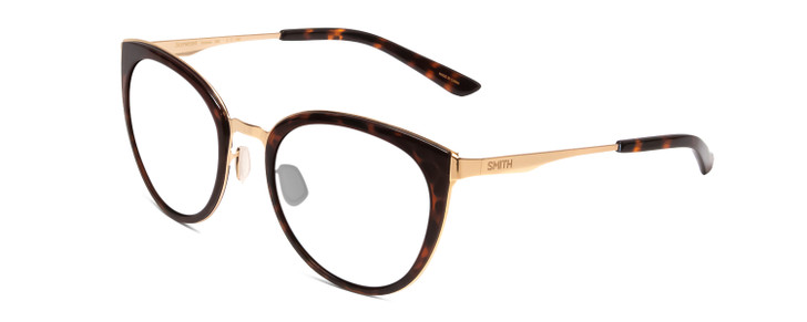 Profile View of Smith Optics Somerset Designer Reading Eye Glasses with Custom Cut Powered Lenses in Tortoise Havana Gold Ladies Cateye Full Rim Stainless Steel 53 mm