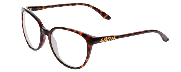 Profile View of Smith Optics Cheetah Designer Single Vision Prescription Rx Eyeglasses in Tortoise Havana Gold Ladies Cateye Full Rim Acetate 54 mm